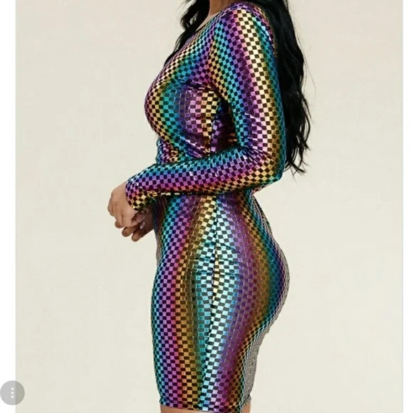 Long Sleeve Multi Foil Color Party Glam Midi Dress - Picture 2 of 5